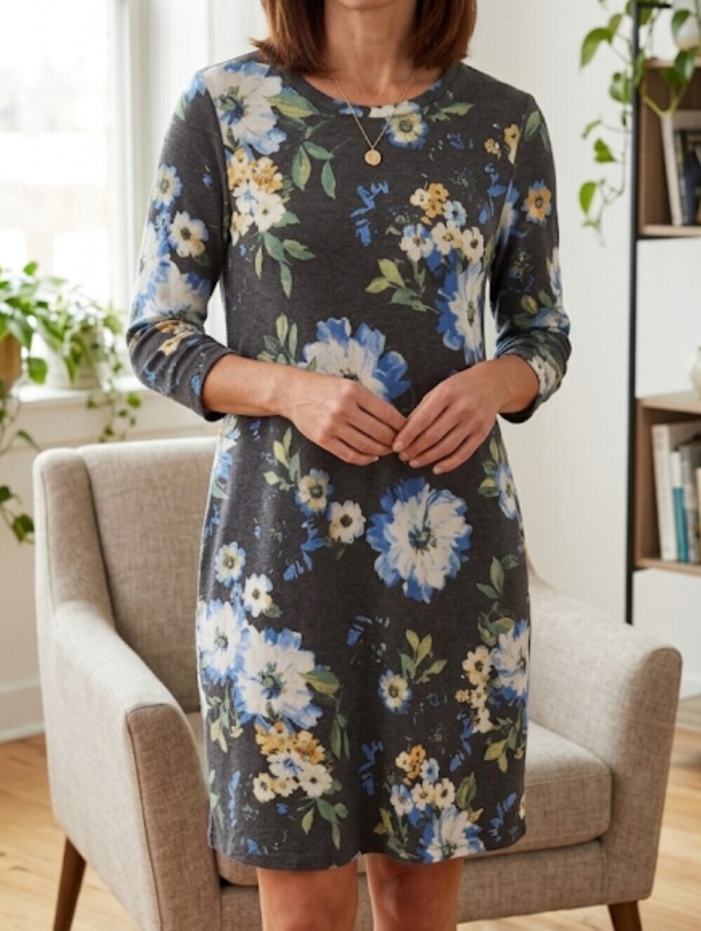 Apt. 9 Charcoal Floral Long-Sleeve Jersey Dress with Blue & White Blooms Size M - Picture 1 of 6